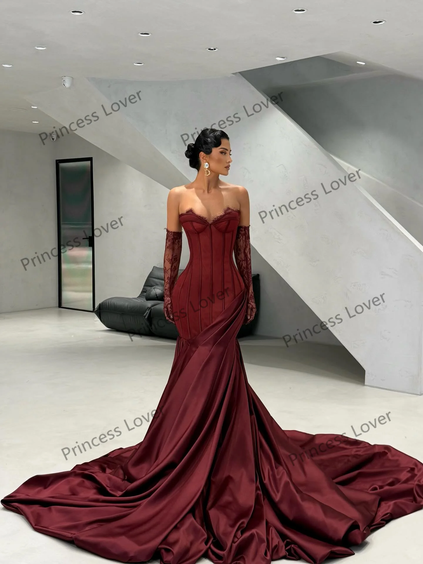 Abiti da sera rosso vino Corsetto in pizzo Tromba Abito per party di matrimonio Personalizzato Sweep Train Abito da ballo Abiti formali eleganti