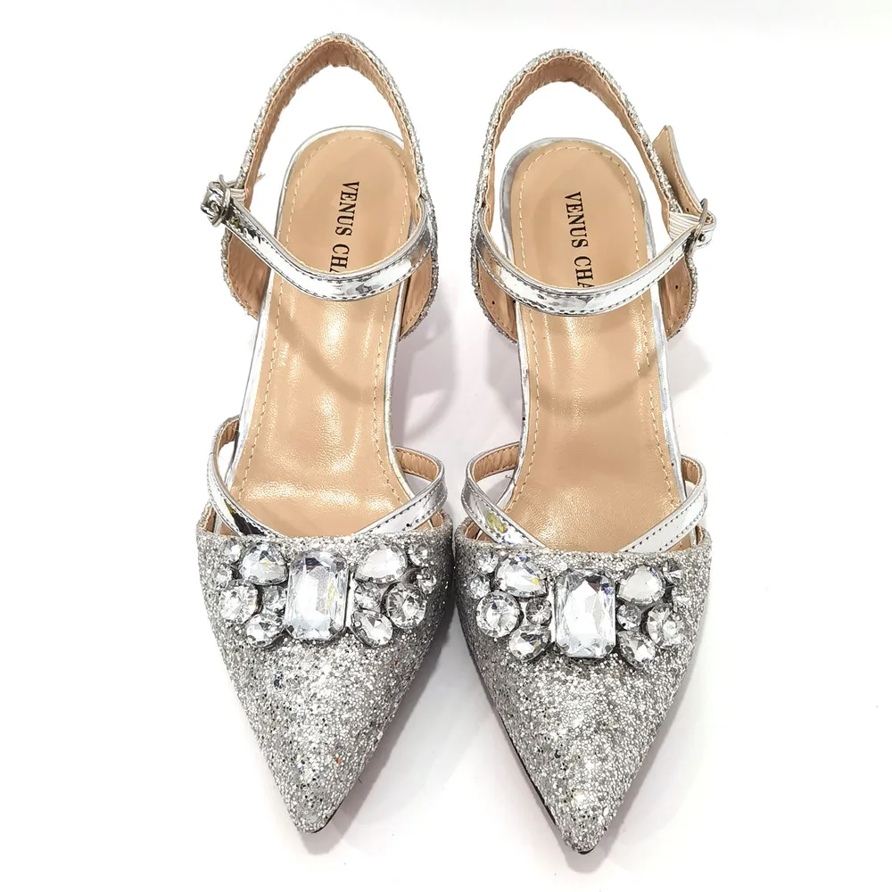 Venus Chan 2022 Nigerian Fashionable Silver Color Peep Toe Shoes Matching Bag Set For Royal Ladies Wedding Party Sandal