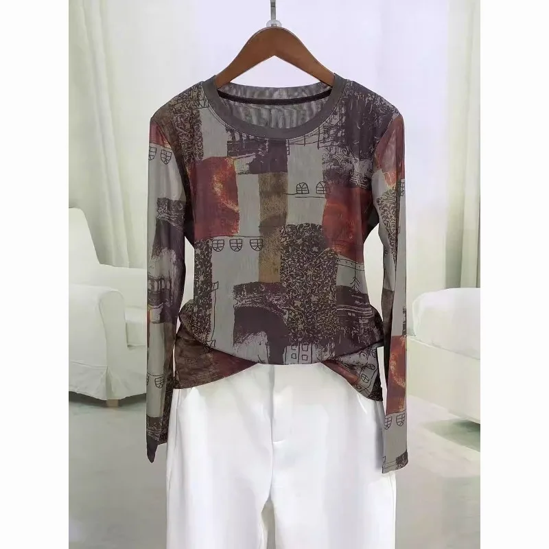 

2025 Fashionable Round Neck Printed Mesh New Long Sleeve Temperament T-shirt Western Style Bottoming Outer Top Pullover