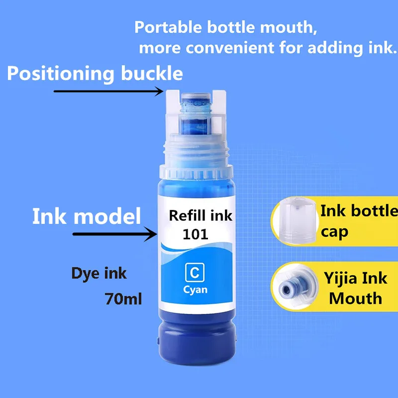 Dye Ink 101 T03V1 C13T03V14A Refill Ink For Epson EcoTank L4150/L4160/L4260/L4266/L6160/L6170/L6176/L6190/L6260/L6270