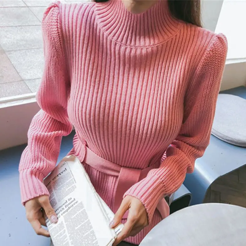 2023 Autumn Winter Women Vintage Elegant Chic Lace Up Turtleneck Knitted Sweater Fashion Split Solid Long Sleeve Slim Pullovers