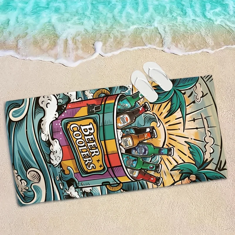 

Beer barrel and coconut tree pattern polyester microfiber beach towel is highly absorbent, suitable swimming and beach outings