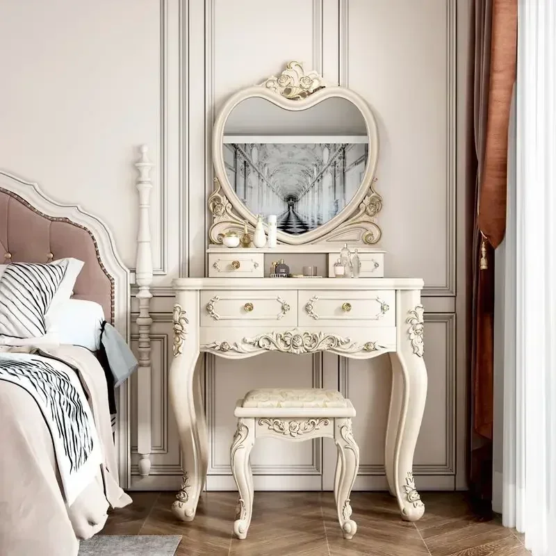 

Европейский туалетный столик с зеркалом, белый стол для макияжа с ящиками и табуретом - небольшой деревянный туалетный столик для спальни