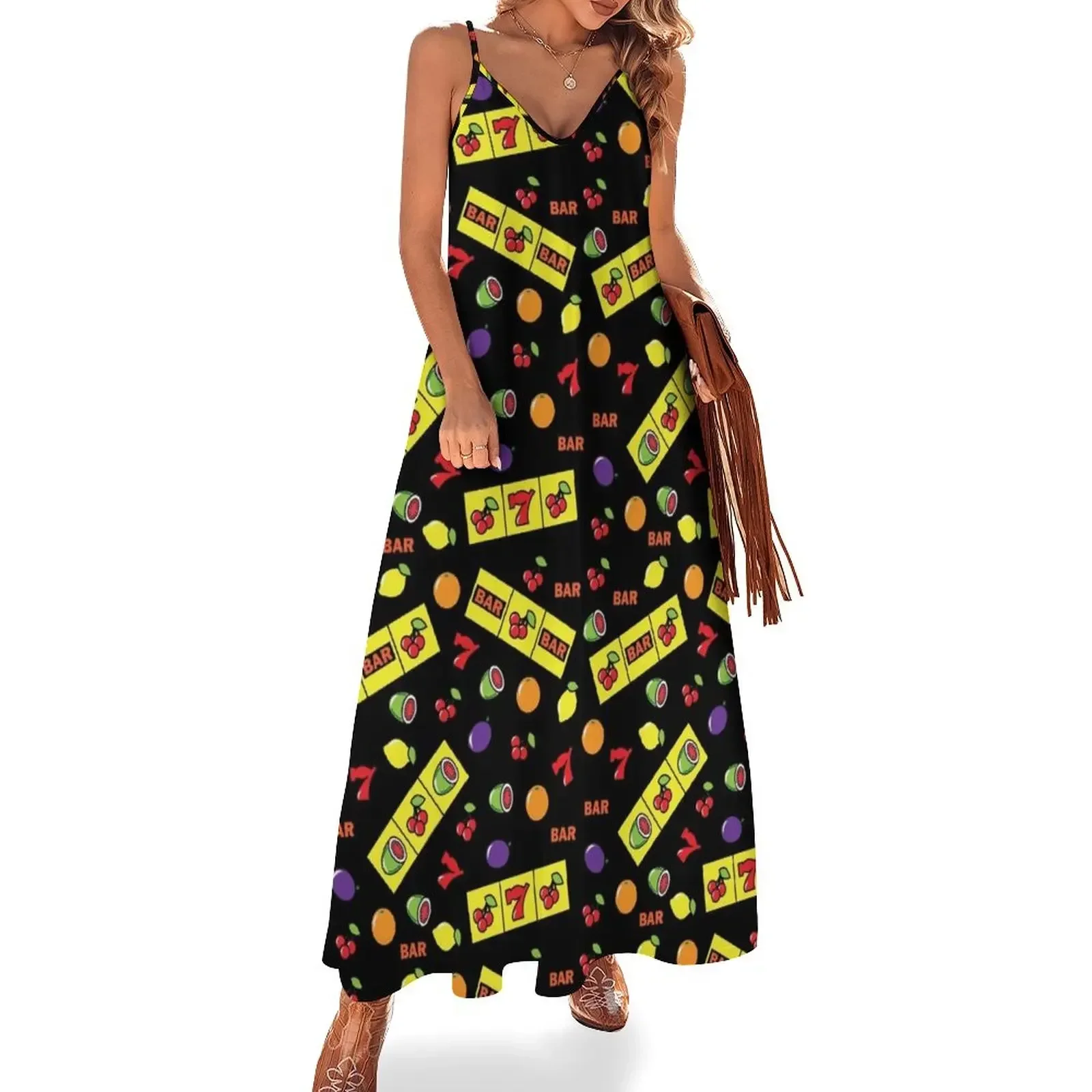 

Casino Lucky Slots Cherry Melon Lemon Fruit Pattern Sleeveless Dress bandage dress summer dress