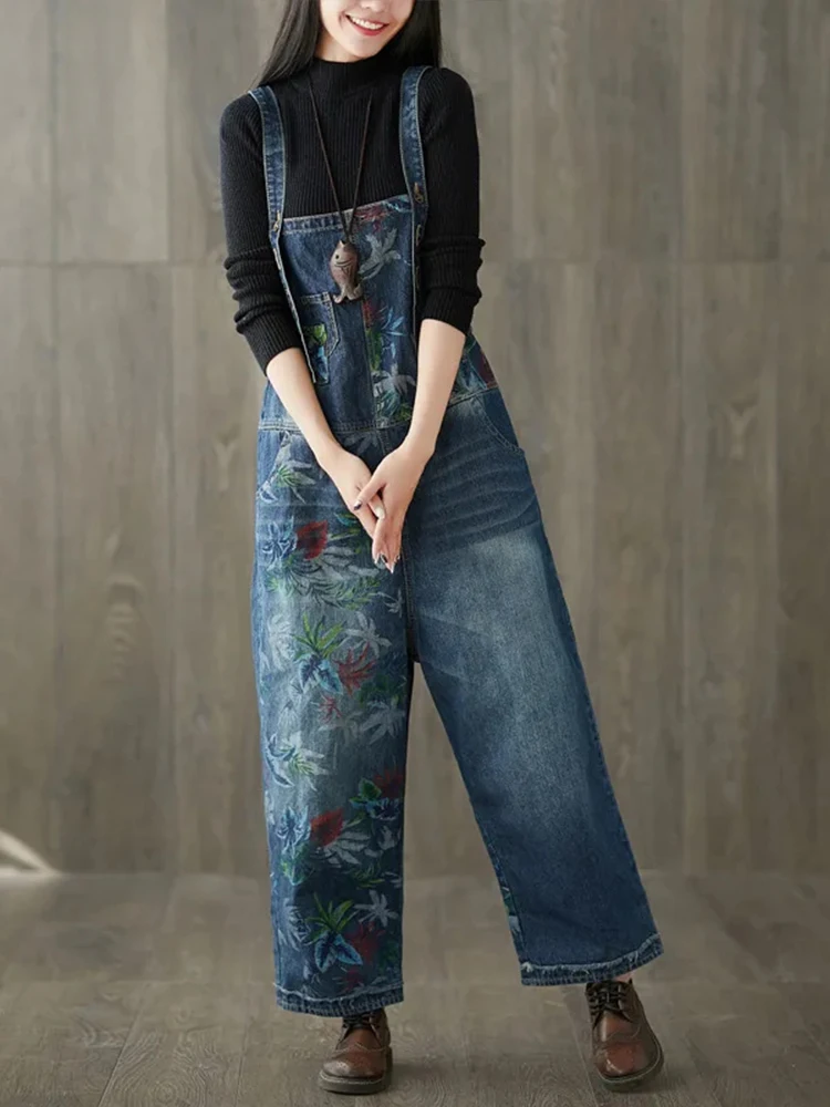 Amax luluE 2024 Fall Korean Fashion Jeans Women Vintage Loose Overalls Ladies Casual Printed Denim Trousers Classic Floral Pants