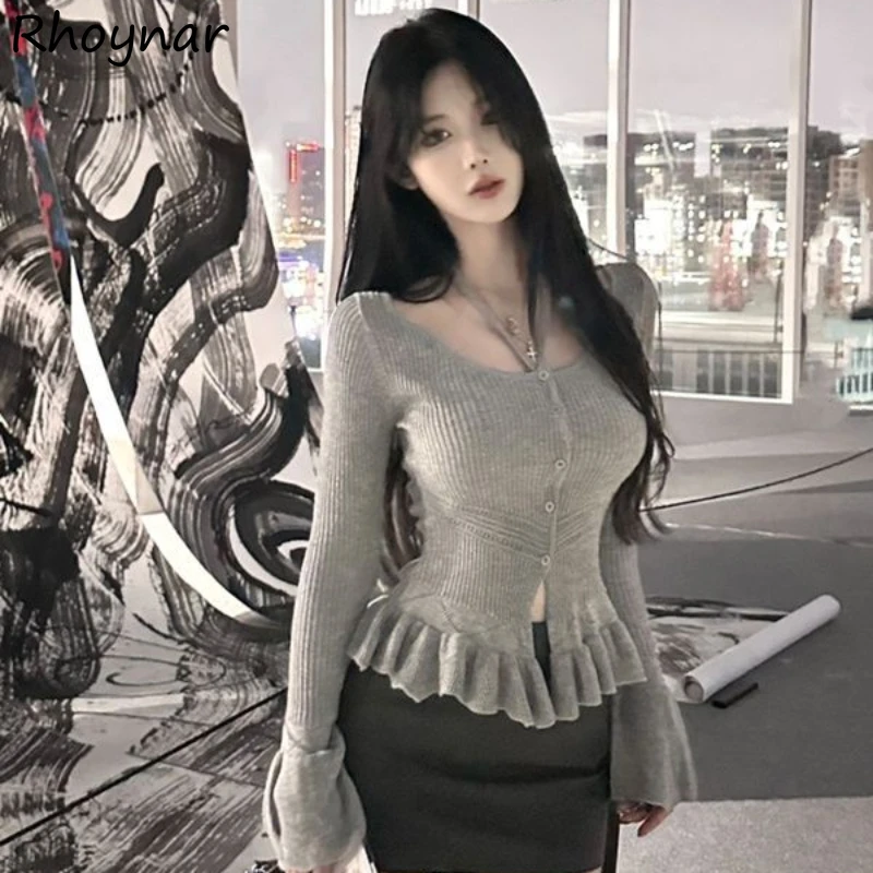 

Slim Cardigan Women Flare Sleeve Ruffled Hotsweet Girls Solid Knitting Halter Korean-style All-match Chic Casual Autumn New Cozy