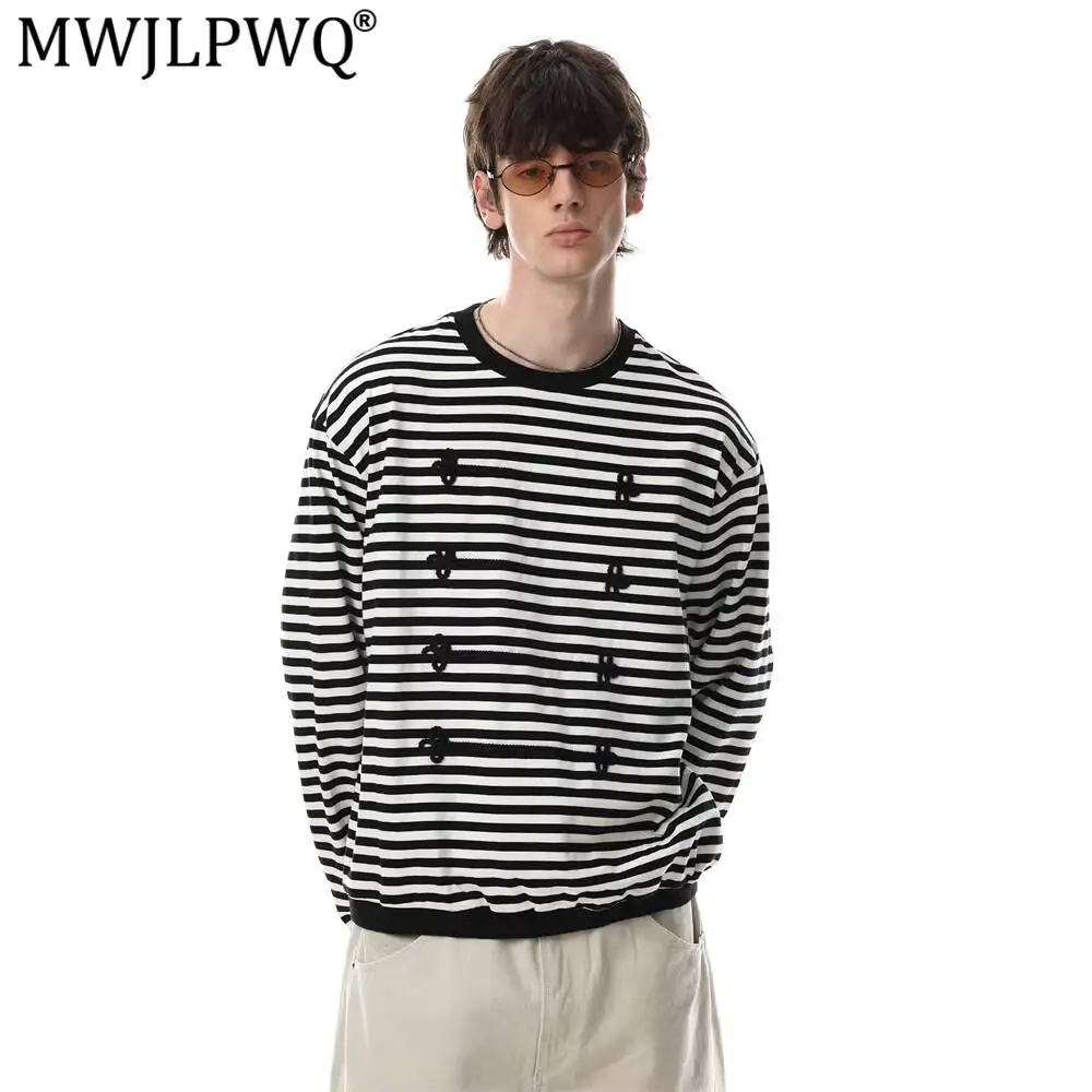 MWJLPWQ Two-Tone Striped Long-Sleeve T-Shirt Men Women Trendy American Style Unique Design Loose Fit Round Neck Top Autumn 17439