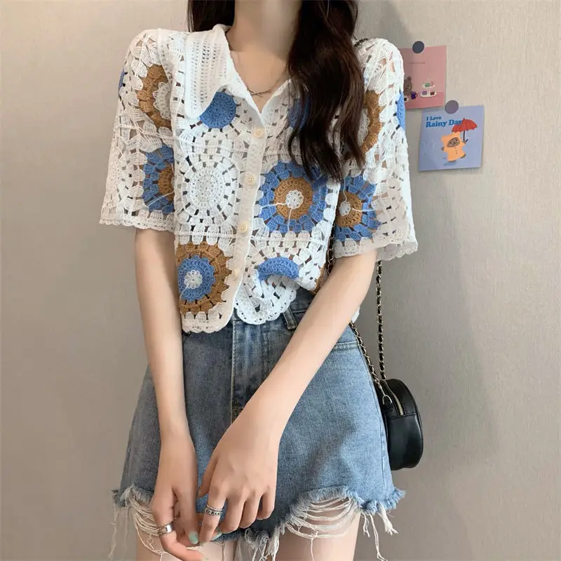 Women Vintage Kawaii Sweet Hollow Crochet Flower Chic Y2K Tops Summer Female Short Sleeve Slim Single Breasted Knitted Cardigans