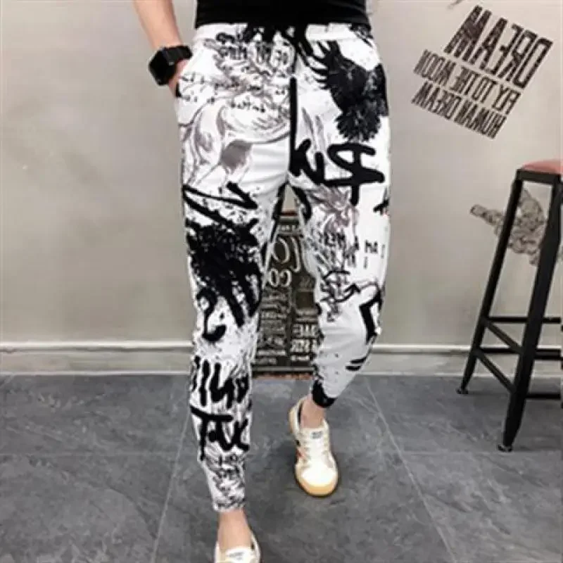 

2024 Summer Fashion Personality Trendy Men's High Waist Lace Up Printed Pocket Slim Fit Versatile Social Trendy Feet Pants Q43