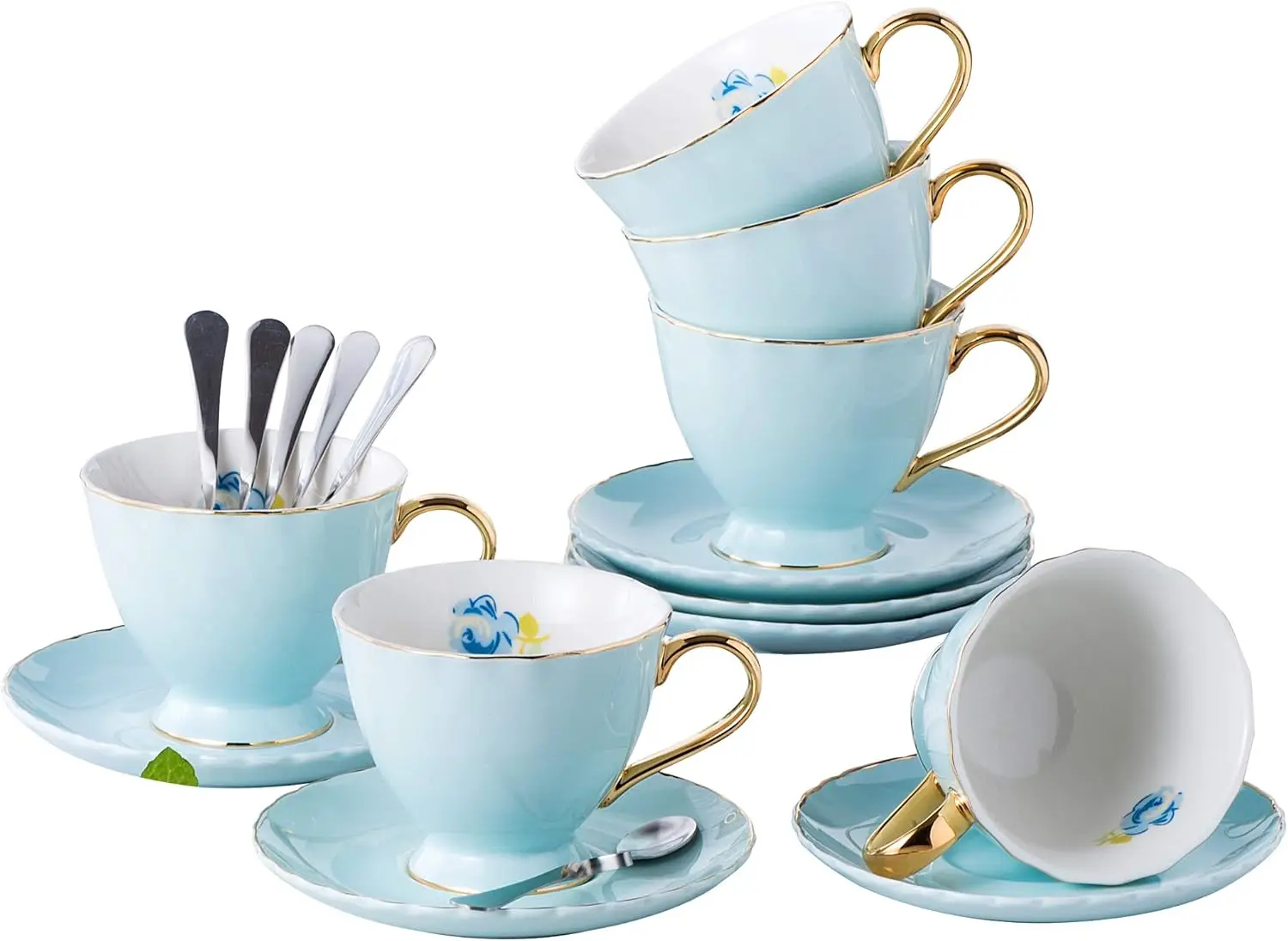 

® Fine China Tea Cup and Saucer Coffee Cup Set with Saucer and Spoon Set of 6 (FD-TCS02 blue (6), 7oz)
