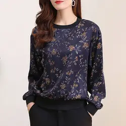 Autumn Winter Stylish Vintage Tops Plant Flowers Art Printed Patchwork Round Neck T-shirt Loose Long Sleeve Women's Clothing