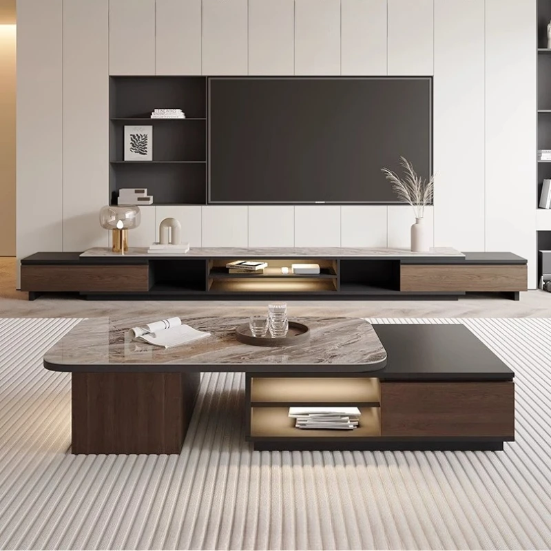 

Light Luxury Telescopic Rock Slab Tv Stand Tv Cabinet Table Coffee Tables Living Room Furniture Storage Cabinet With LED Lights