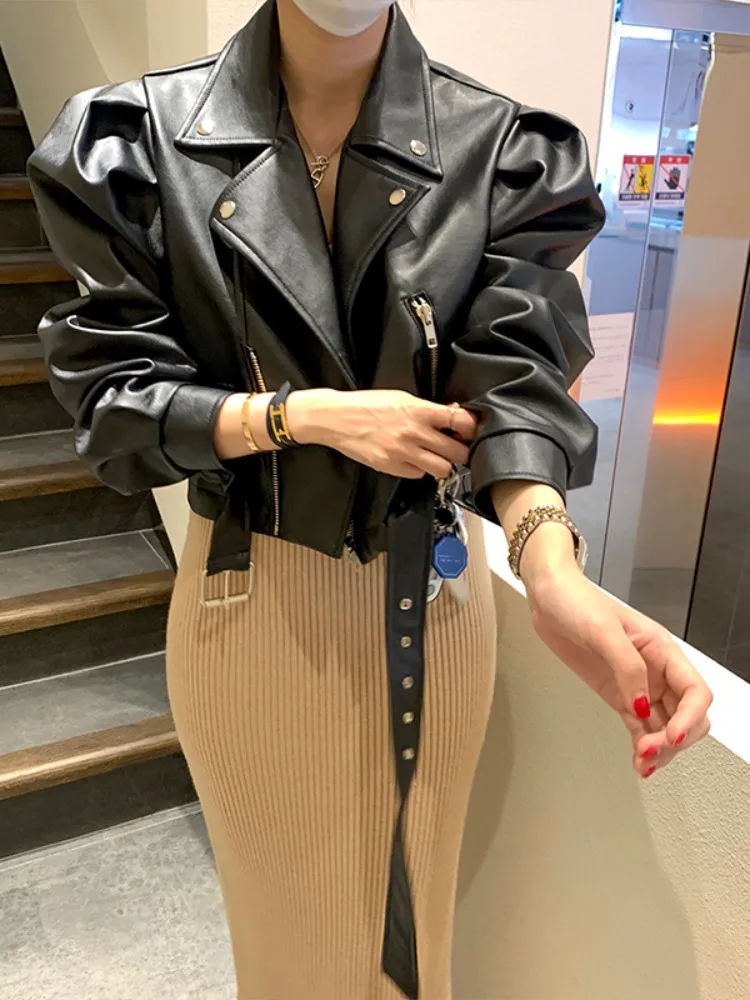 Faionable ort PU Leather Jaet Women's Biker Sle Bubble Sve Spring Autumn New Arrival Ele Top Ladieswear