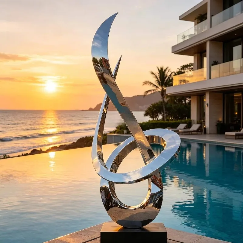 Abstract Twisted Loop Stainless Steel Sculpture Outdoor Pool Side Landscape Ornament Mirror Polished Metallic Surface Solid Base