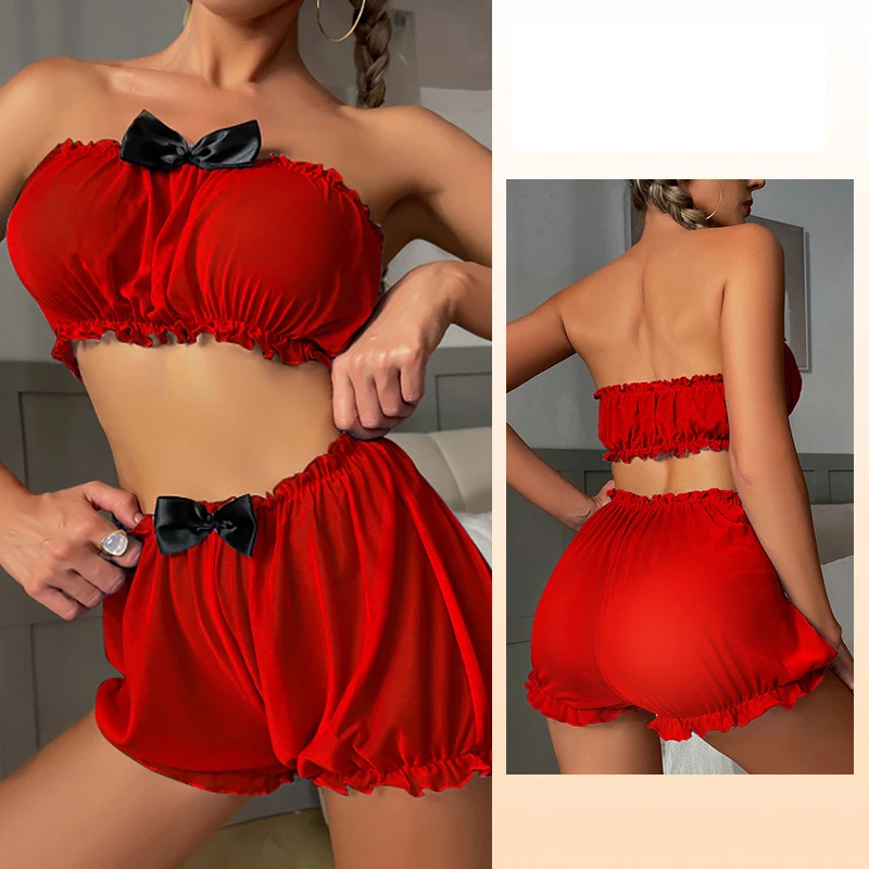 Top Fashion Explosive Female Sexy Pajamas Suit Mesh Gauze Multi-Color Bow tie Pajamas European And American Erotic Underwear