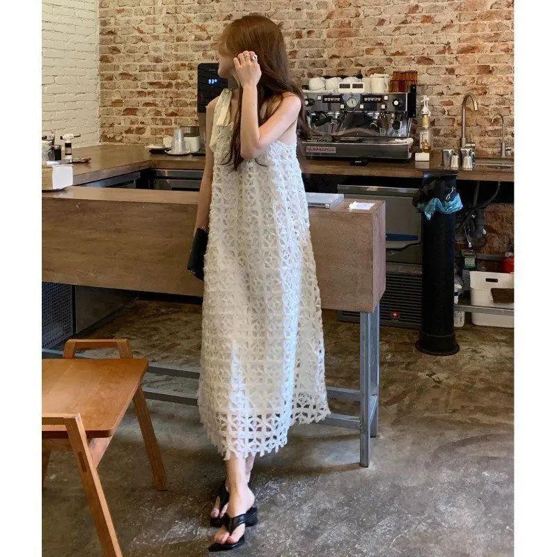 French Style Beautiful White Hollow Gentle Camisole Dress Elegant Beach Sweet Summer Vacation Long Dress