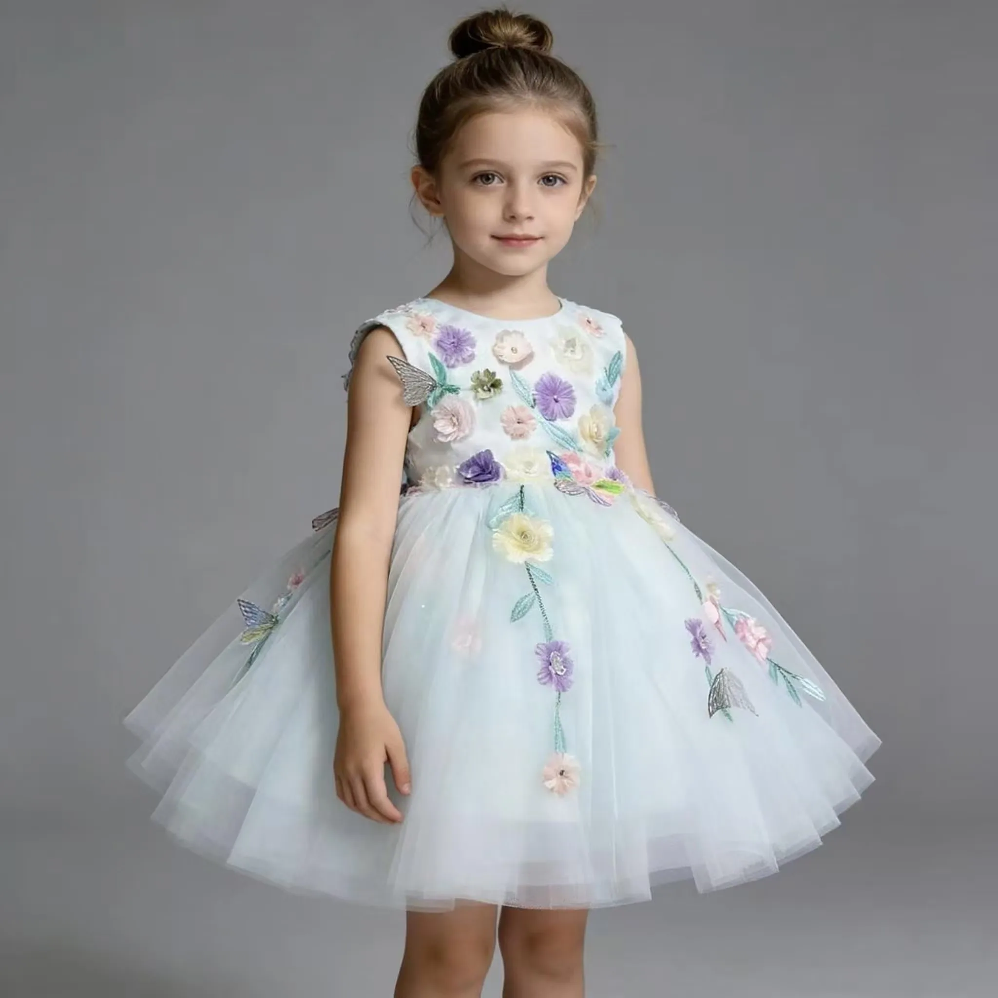 

Custom Sleeveless 3D Floral Butterfly Tulle Flower Girl Dress For Wedding Birthday Party Pageant Princess Formal Gown فساتين اطف