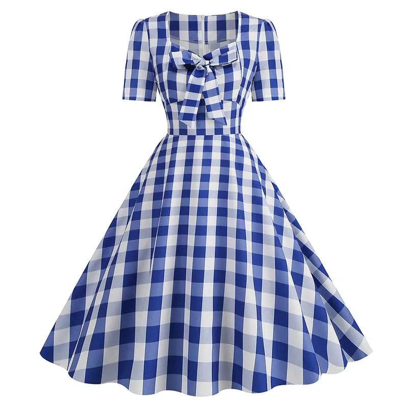Pink Plaid Vintage Party Dress for Women Square Collar Short Sleeve Casual Summer Elegant Fashion