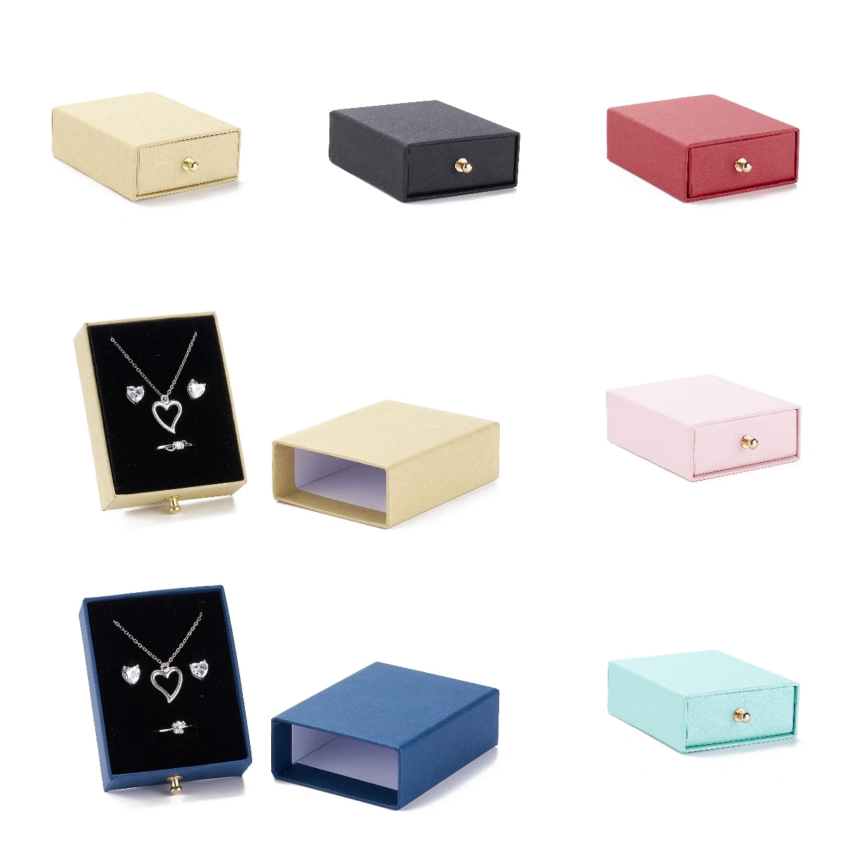 

10 Sets Rectangle Cardboard Paper Drawer Set Box with Brass Rivet for Earring Ring Necklace Gifts Jewelry Packaging 7x9x3cm