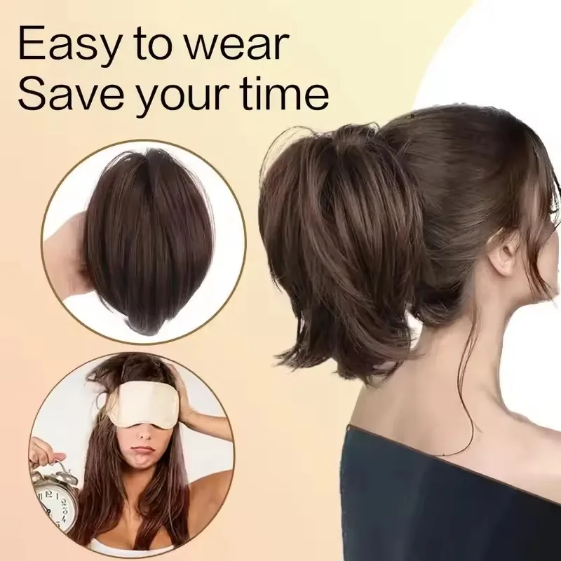 Postizo de cabello sintético con pinza de garra moño para mujeres liso corto extensión de cola alta despeinado para chicas 5