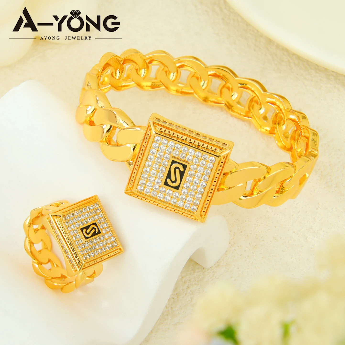 Dubai Mode Zirkonia Schmuckset 21k Vergoldet Monaco Mode Hip-Hop Offene Armreifen Ring Arabische Damen Event Party Schmuckstücke – Detail 1