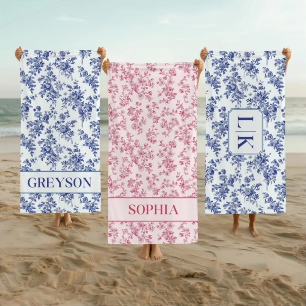 1Pc Custom Beach Towel Personalized Beach Towel Blue/Pink Toile Bachelorette Beach Towel Art Towel Holiday Gift