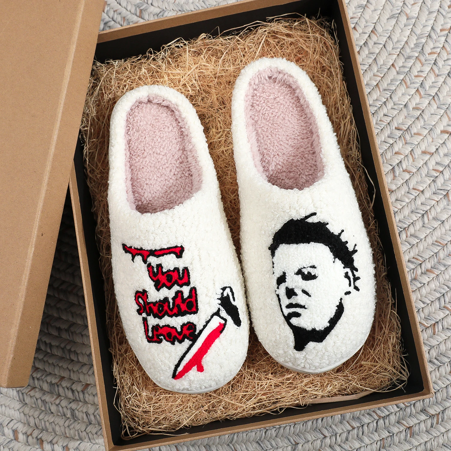 Horror Thriller Movie Michael Myers Halloween Embroidery stuffed Home Thick Sole plaid Furry Cotton Slippers Cute Warm Non-slip Indoor Slippers For Gifts