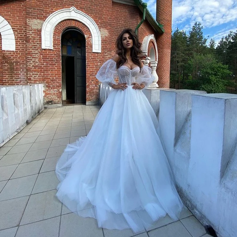 

Customized Sweetheart Beads See Through Detachment Puff Sleeve Tulle Wedding Dress 2023 Vestido De Noiva Bridal Gown