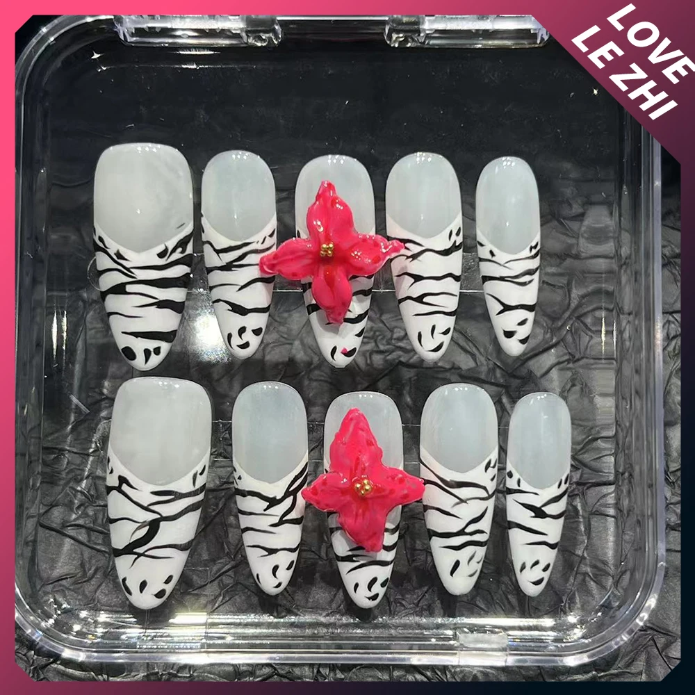 Pure Handmade Leopard Print Almond False Nails Summer Cool Zebra Stripes 3D Flower Full Cover Nail Removable Nail Gift