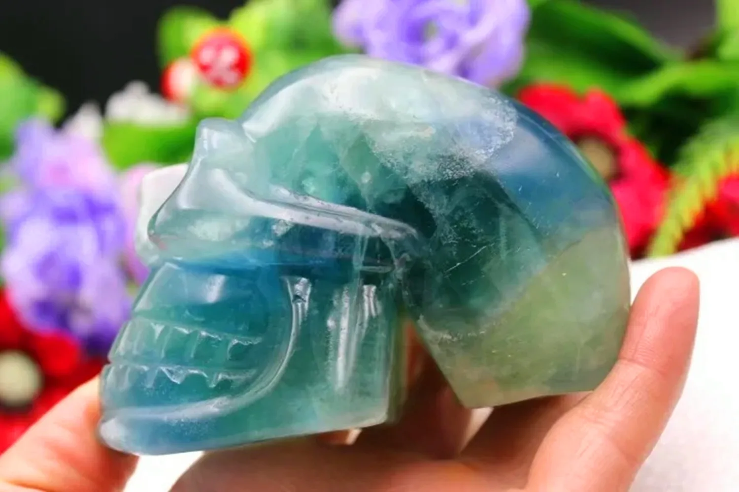 Natural Energy Quartz Crystal, Marine Blue Fluorite Carved, Reiki Skull, Home Decoration, Chakra Tablet and Healing, 580g