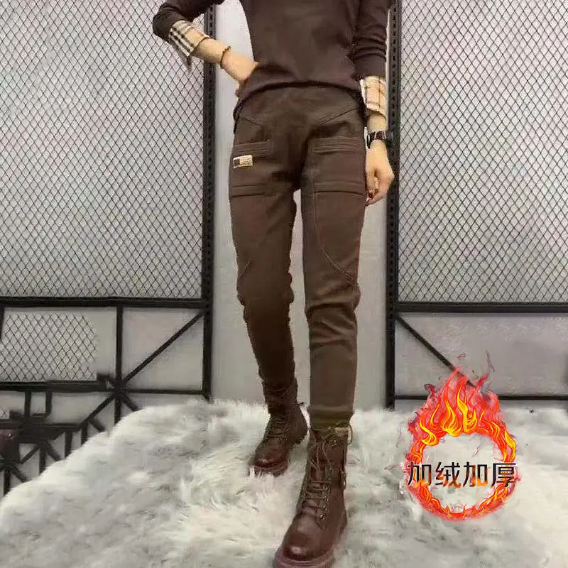 

Осенне-зимние новые джинсовые брюки, женские свободные бархатные шаровары, тонкие повседневные однотонные брюки с высокой талией и маленькой стопой