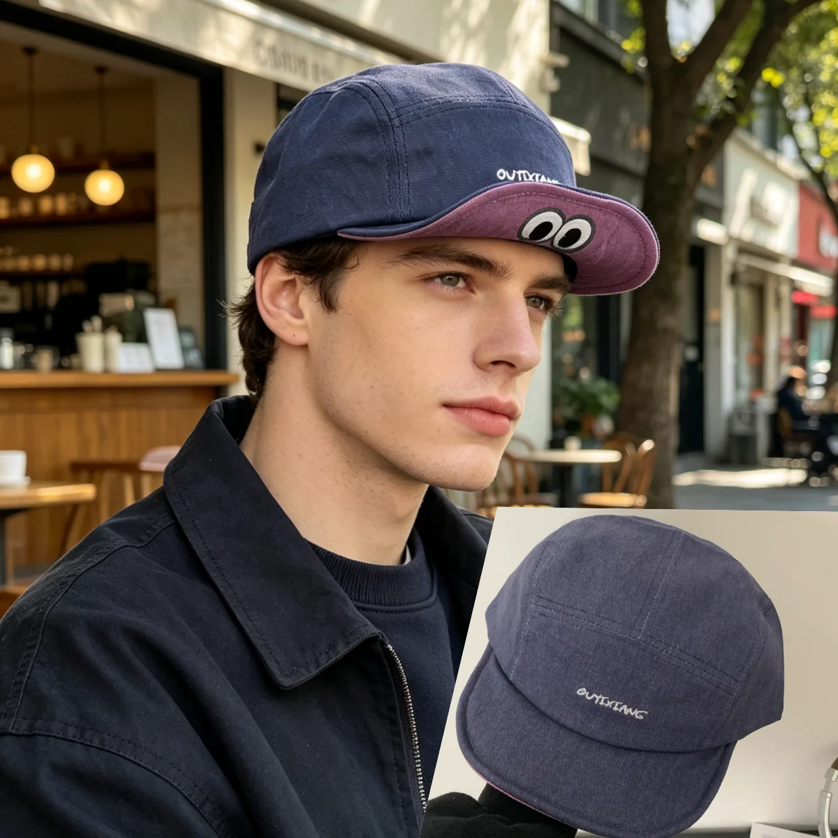 Cartoon Big-Eyed Color-Blocked Short-Brim Work Cap Unisex Retro Washed Five-Panel Baseball Cap Autumn Street Casual Sunshade Soft-Top Baseball Cap Multiple Colors Available