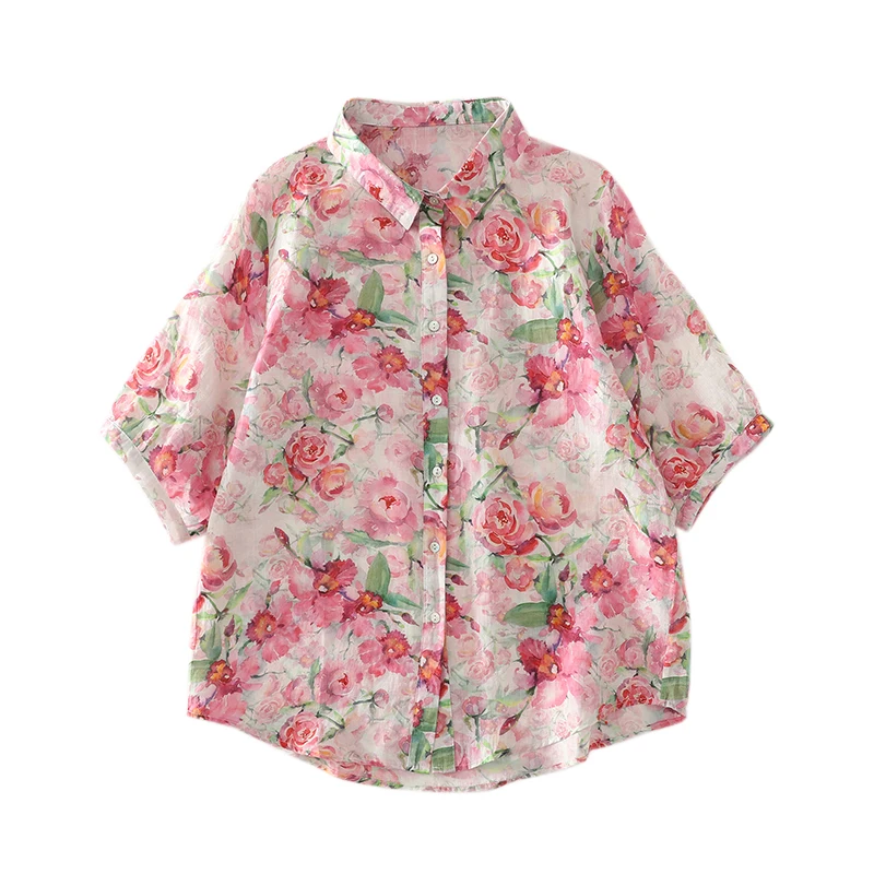 가벼운 플로럴 프린트 루즈핏 반팔 셔츠 여성용 턴다운 칼라 오픈 가디건 탑 패셔너블 캐주얼 블라우스