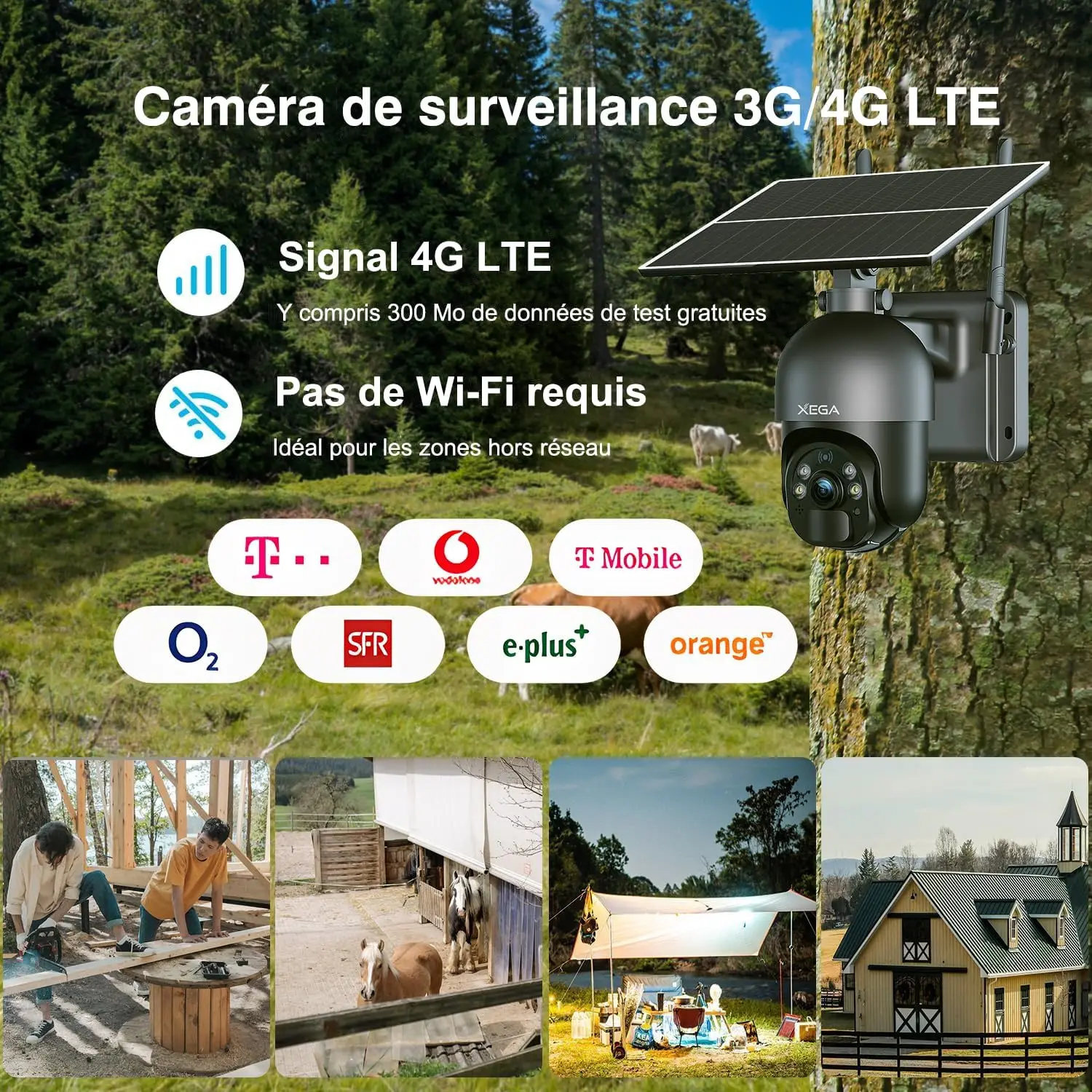 Xega 4G LTE Surveillance Camera 6W Solar Powered 10600mAh Wireless Outdoor Security Camera PTZ 360 Auto Track Night Vision 3MP