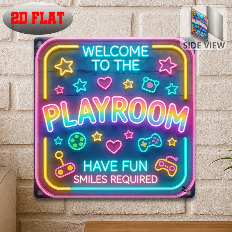 Vintage Metal Tin Sign,Welcome To The Playroom Game Controller Neon Rust Plaque,2D Flat No LED Kids Game Room Wall Decor