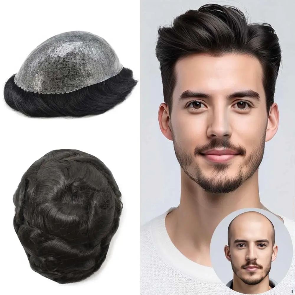 Alimice Toupee for Men All Poly Mens Hairpiece Durable Skin PU Human Hair Replacement System Black Brown Blonde Gray Hair Piece