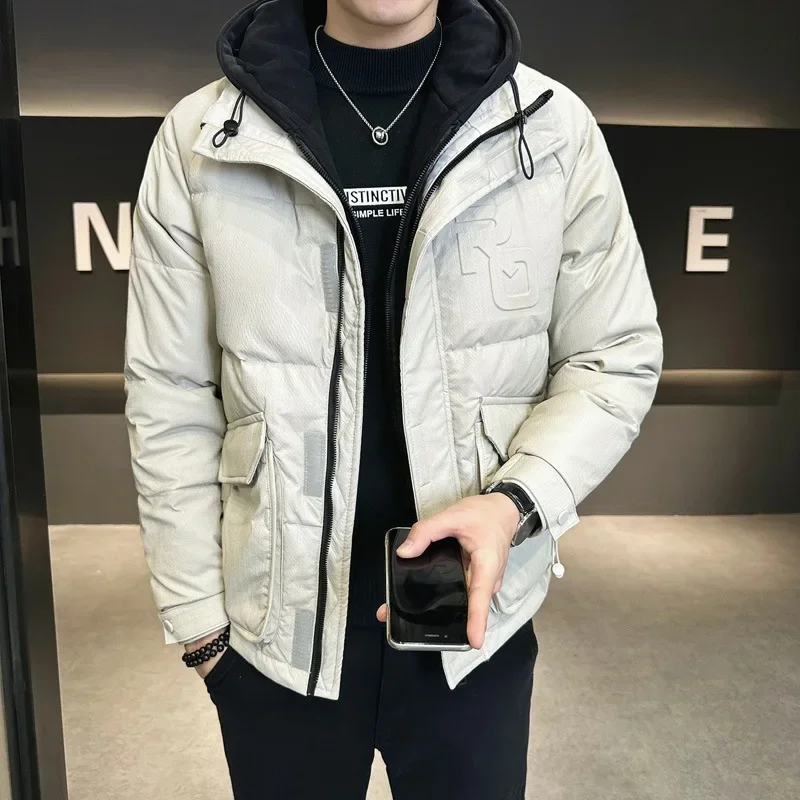 Luxury PU Leather Down Jacket Men Winter Warm White Duck Down Coat Windproof Jacket Hooded Short Tops Long Sleeve Jackets Trends