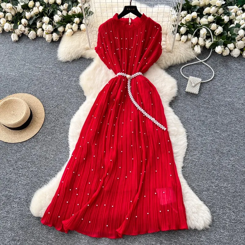

Y2k 2025 Vintage French High-End Party Dresses Beading Unique Shirring Design Sense Robe Femme Bandage Slim Vestidos De Mujer