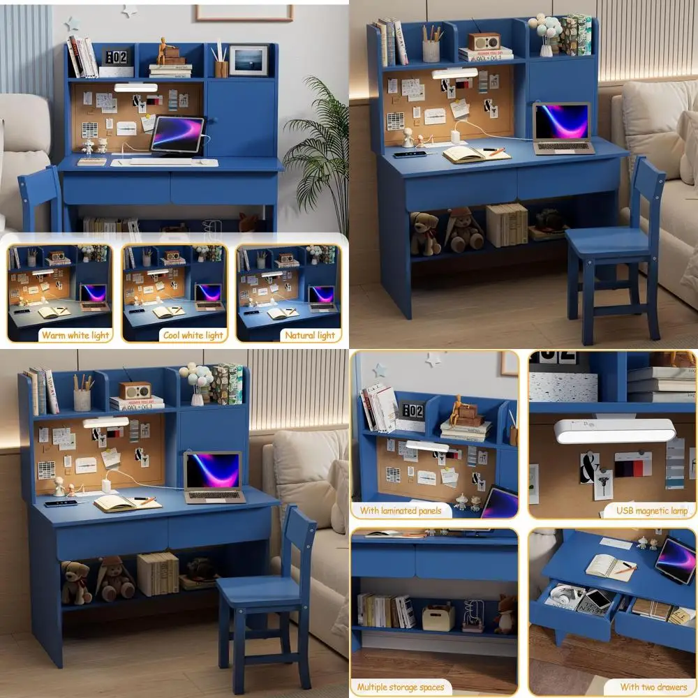 

Детский письменный стол и стул из синего дерева с подсветкой, зарядной станцией, местом для хранения и навесной полкой для девочек