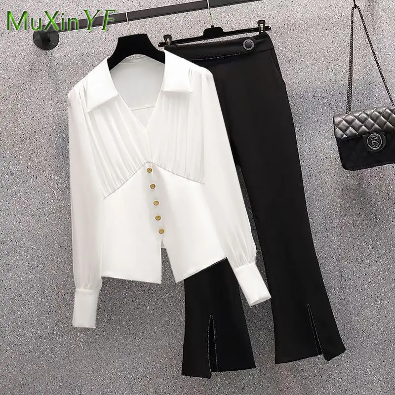 

Women's Summer Lantern Sleeve Chiffon Shirt Top+Flared Pants Two-piece Korean Elegant Thin Long-sleeved Pullover Trousers Suit