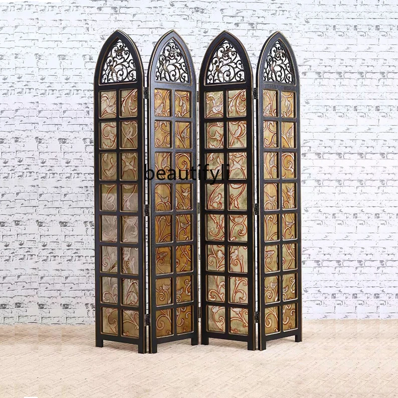 European screen porch partition living room folding screen American retro hollow bedroom engraved stained glass screen