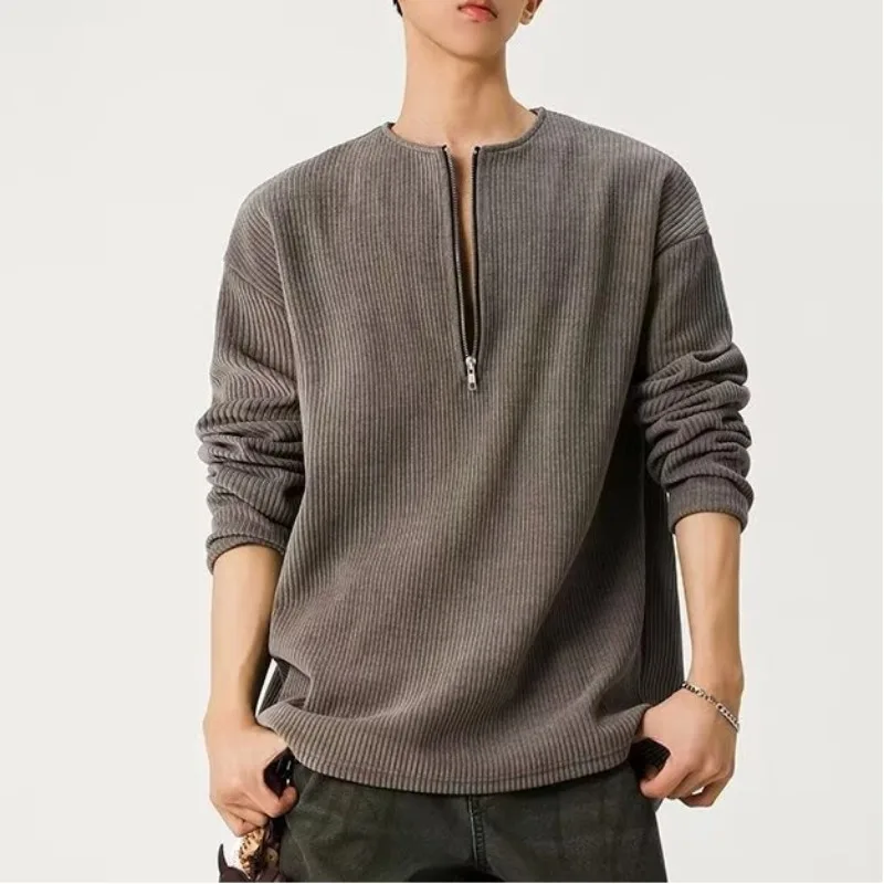 تي شيرت رجالي كاجوال بنصف سحاب وأكمام طويلة من العلامة التجارية الأمريكية الرجعية #1