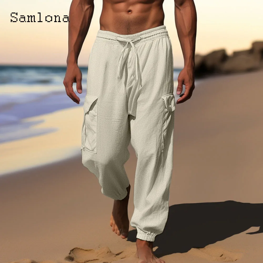 Bombachos elegantes de lino y algodón para hombre, pantalones de bolsillo grandes y grandes hasta el tobillo, Vintage, cintura elástica sólida, 3xl