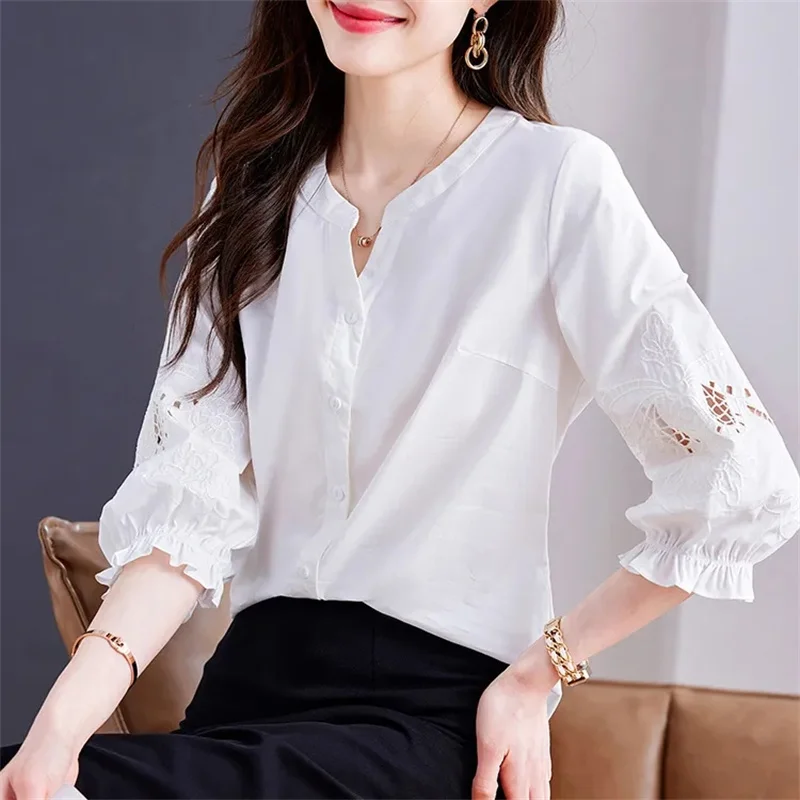 Hollowing Out Embroidery Women Shirt Top Summer Female Seven Points Sleeve Cardigan Blouse Jacket Lady Round Neck Shirts Outwear