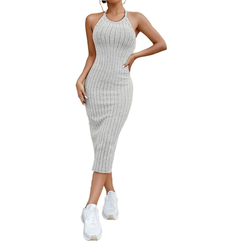 Women's sweater dresses, round neck, solid color, versatile, without belt, knitted sweater dress image 3
