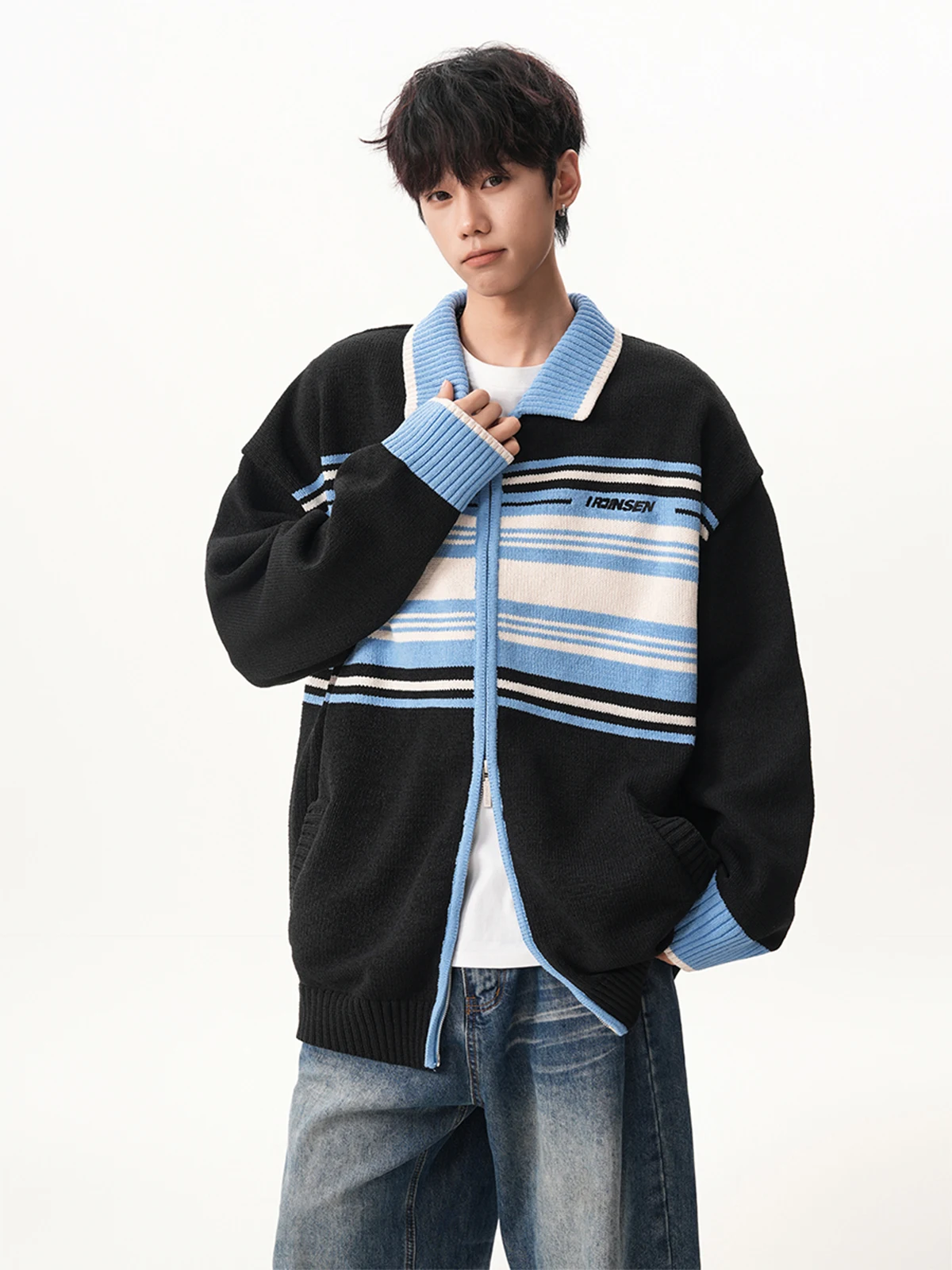2025 Autumn Winter New Apricot Striped Cardigan Sweater Men's Turn-down Collar Black Color Block Loose Casual Knitwear