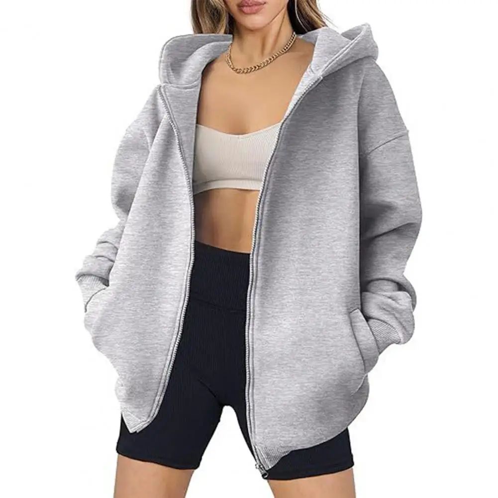 Fall Winter Women Coat Hooded Zipper Closure Solid Color Thick Pockets Loose Cardigan Mid Length Outdoor Travel Shopping Sport H