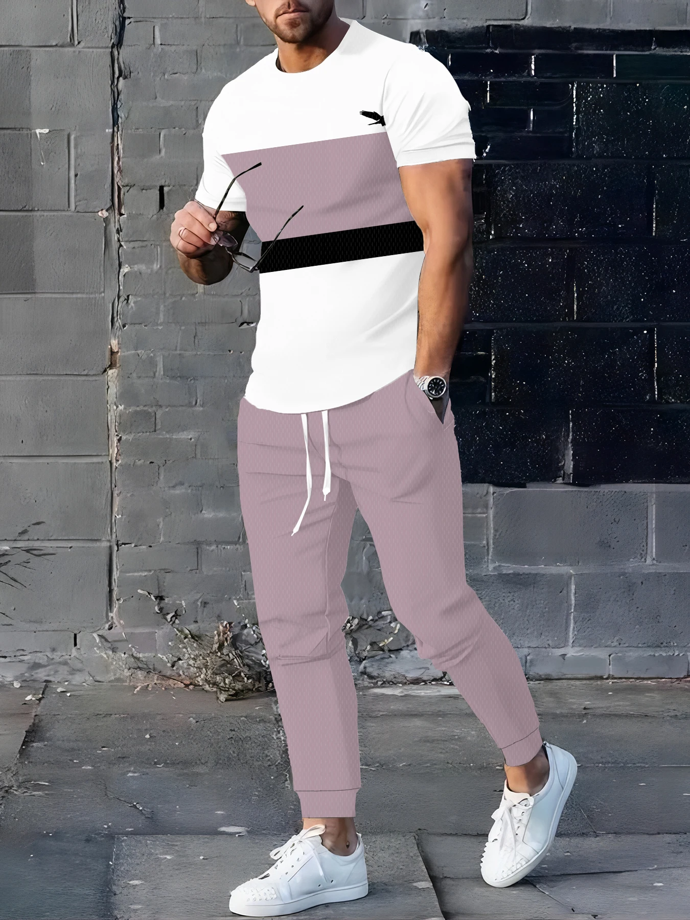 

New Stripe Print Men's T-shirt Street Style Men's Fashion Trousers Autumn And Winter Men's Warm T-shirt And Trousers Set