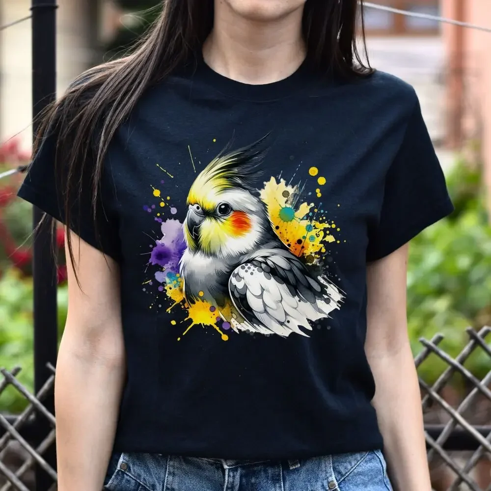 Cockatiel Mama Color Splash Unisex T-Shirt Black Navy Dark Heather tops Unisex Summer Short Sleeve