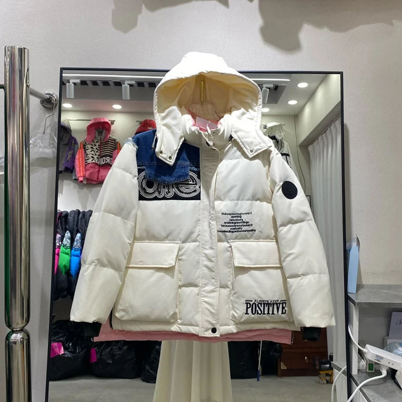 

Зимняя куртка-пуховик с вышивкой и буквенным капюшоном, женская лоскутная теплая верхняя одежда с карманами на молнии, женская толстая куртка на белом утином пуху